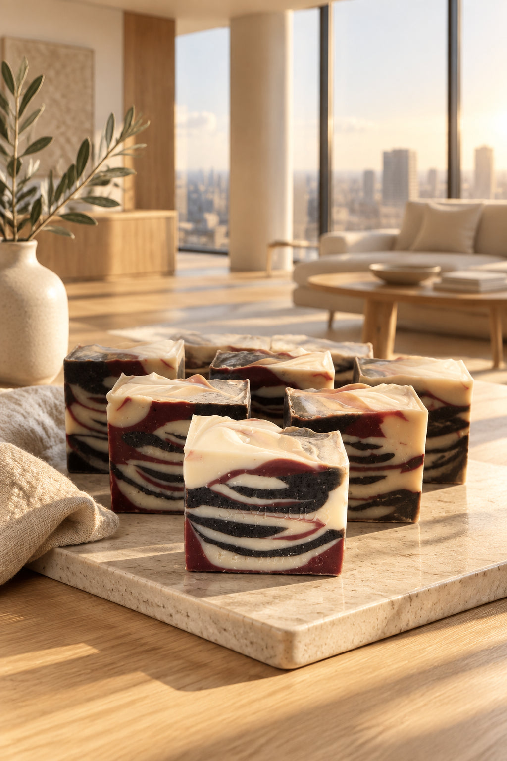 Several rectangular bars of marbled artisanal soap are arranged on a light surface in a light filled room. The front soap bar is in sharp focus, showing a tiger swirl pattern of cream, dark grey, and reddish-brown, while the soap bars behind it are softly blurred.