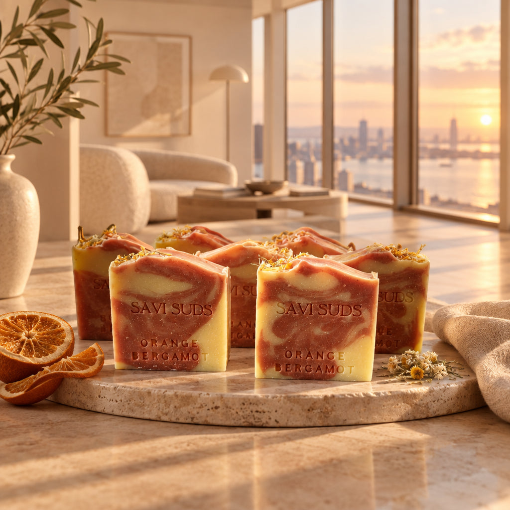 Several square bars of Savi Suds soap, featuring a swirl of orange and pale yellow, arranged on a light marbled surface with a light filled room background