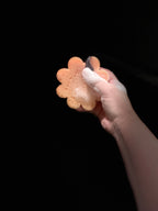 A hand holding a peach-colored flower-shaped sponge with white soap foam against a solid black background.
